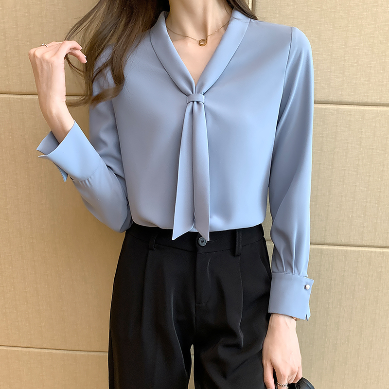 White long sleeve tops niche V-neck shirt for women