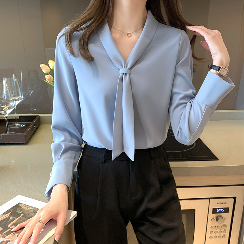 White long sleeve tops niche V-neck shirt for women