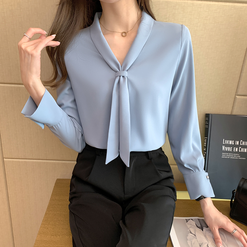 White long sleeve tops niche V-neck shirt for women