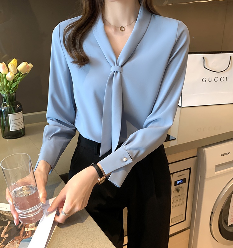 White long sleeve tops niche V-neck shirt for women