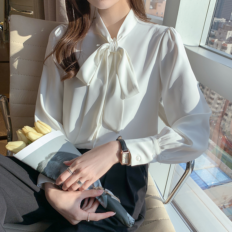 Bow white beautiful tops spring and autumn Western style shirt