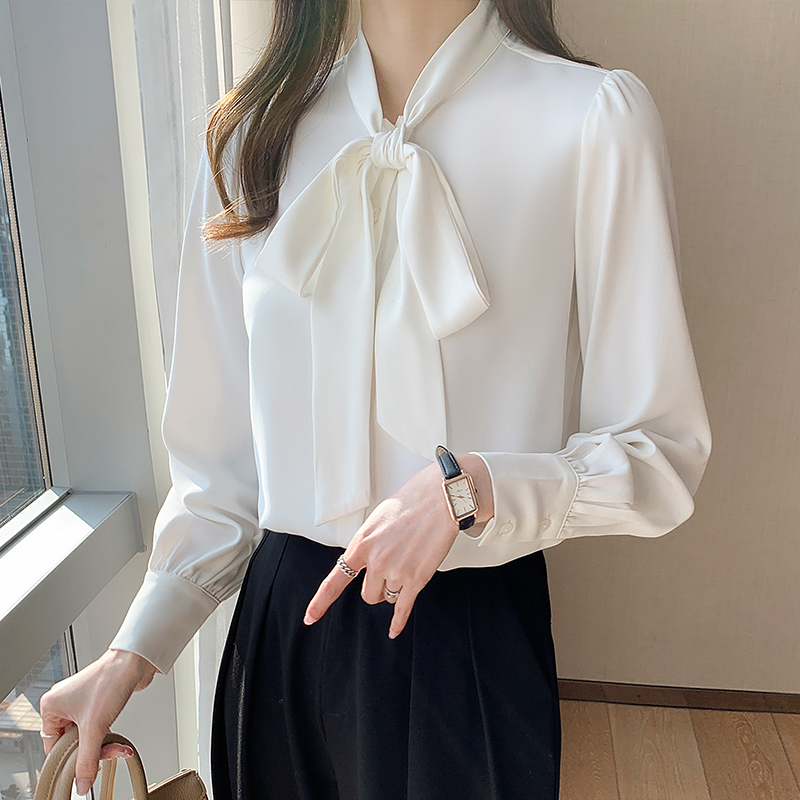 Bow white beautiful tops spring and autumn Western style shirt