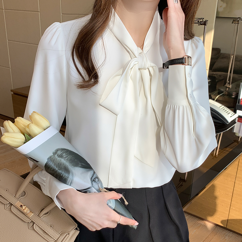 Bow white beautiful tops spring and autumn Western style shirt