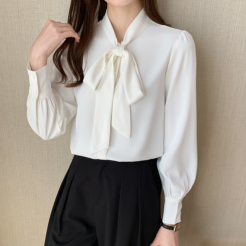 Bow white beautiful tops spring and autumn Western style shirt