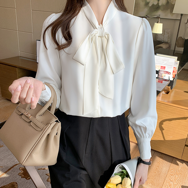 Bow white beautiful tops spring and autumn Western style shirt