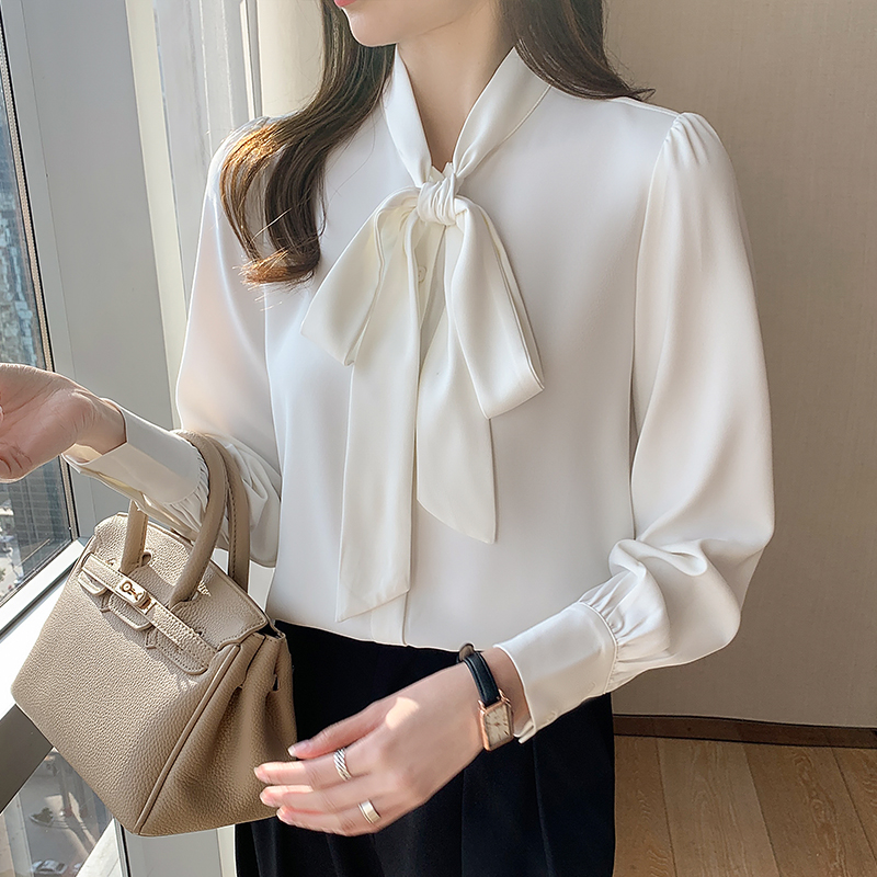 Bow white beautiful tops spring and autumn Western style shirt