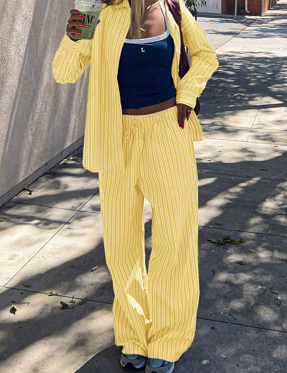Casual stripe European style vacation long pants a set