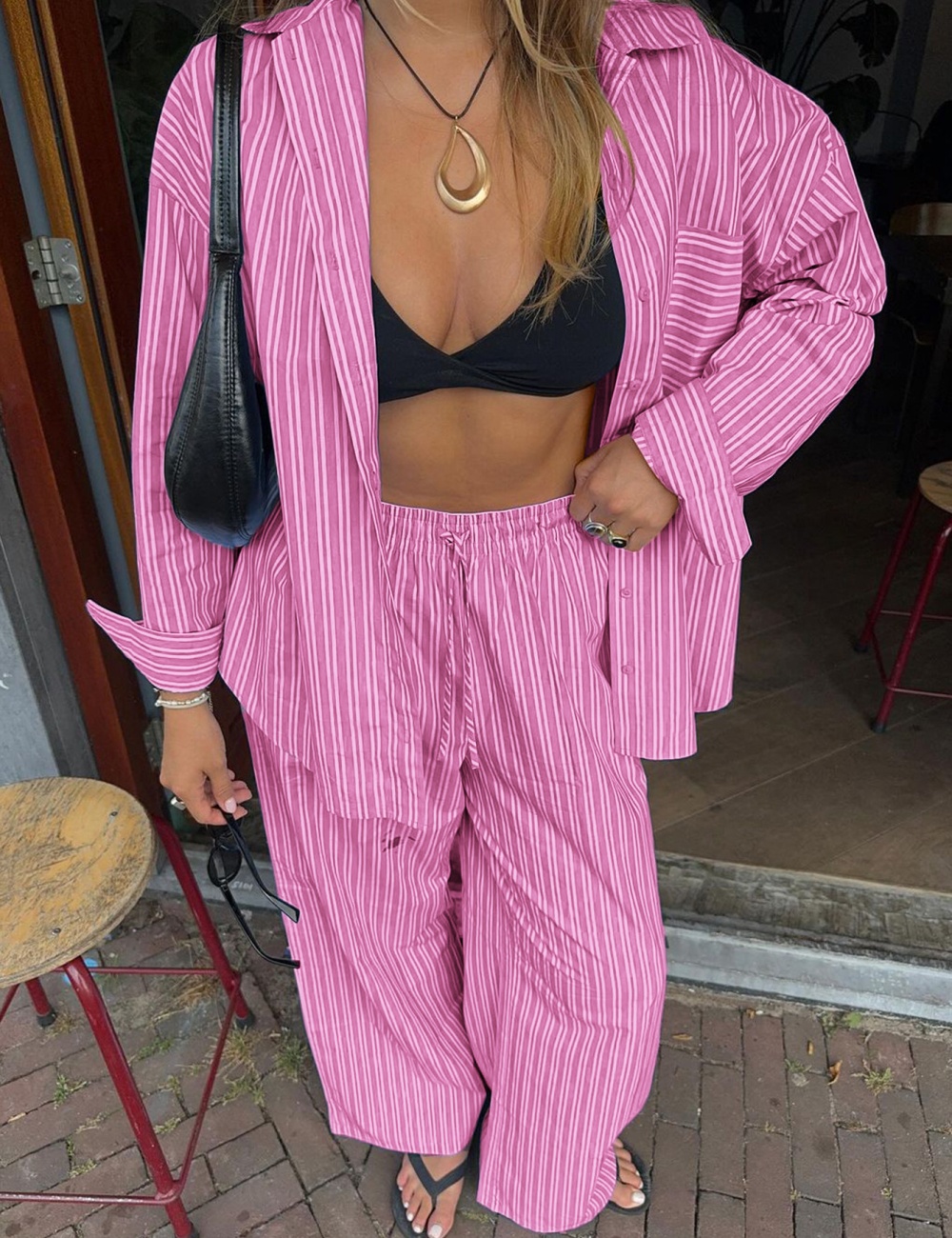 Casual stripe European style vacation long pants a set