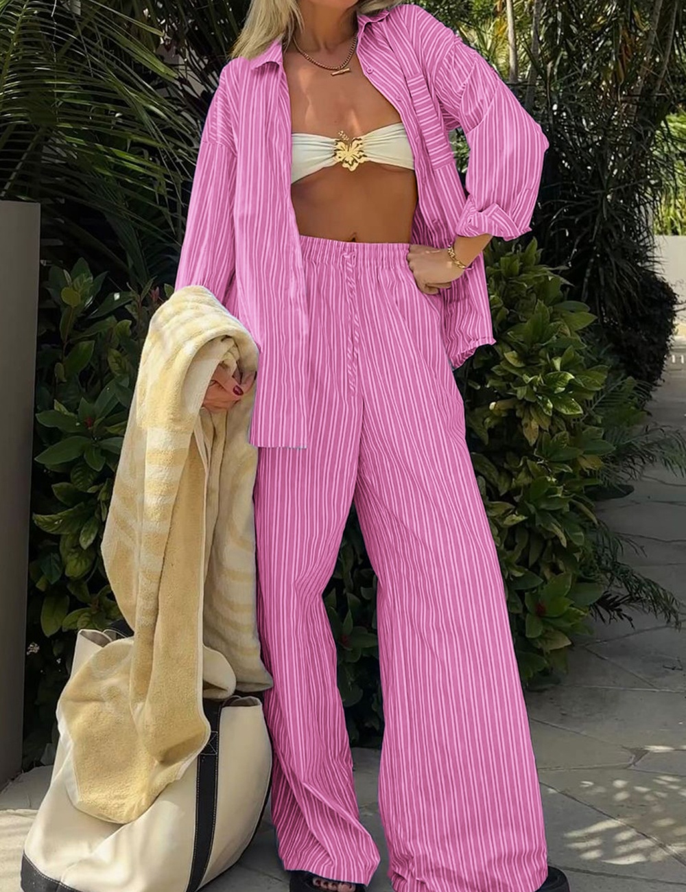 Casual stripe European style vacation long pants a set