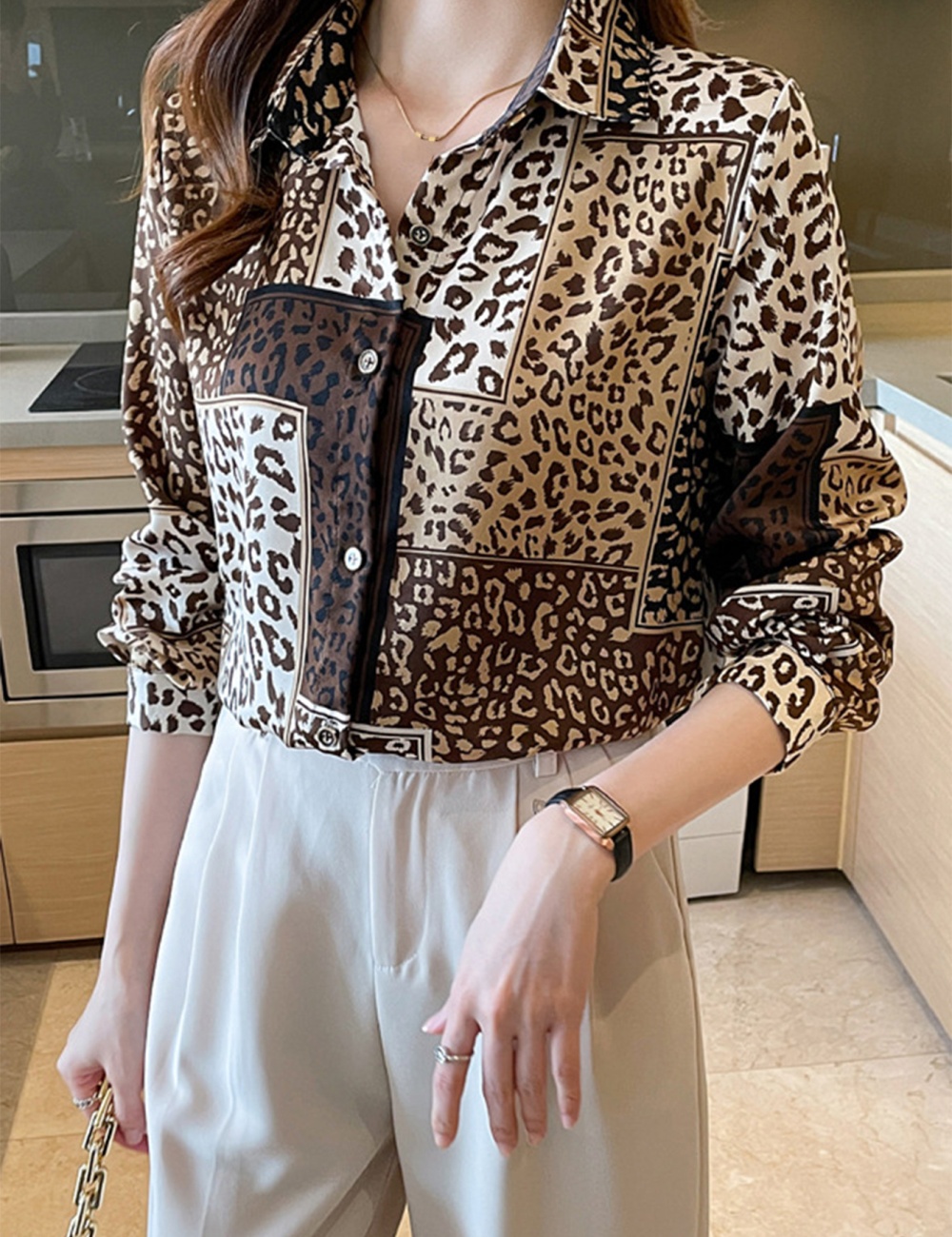 Long sleeve leopard European style shirt for women