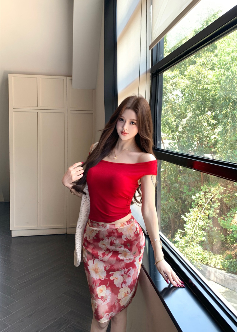Red spicegirl small tops printing wear skirt