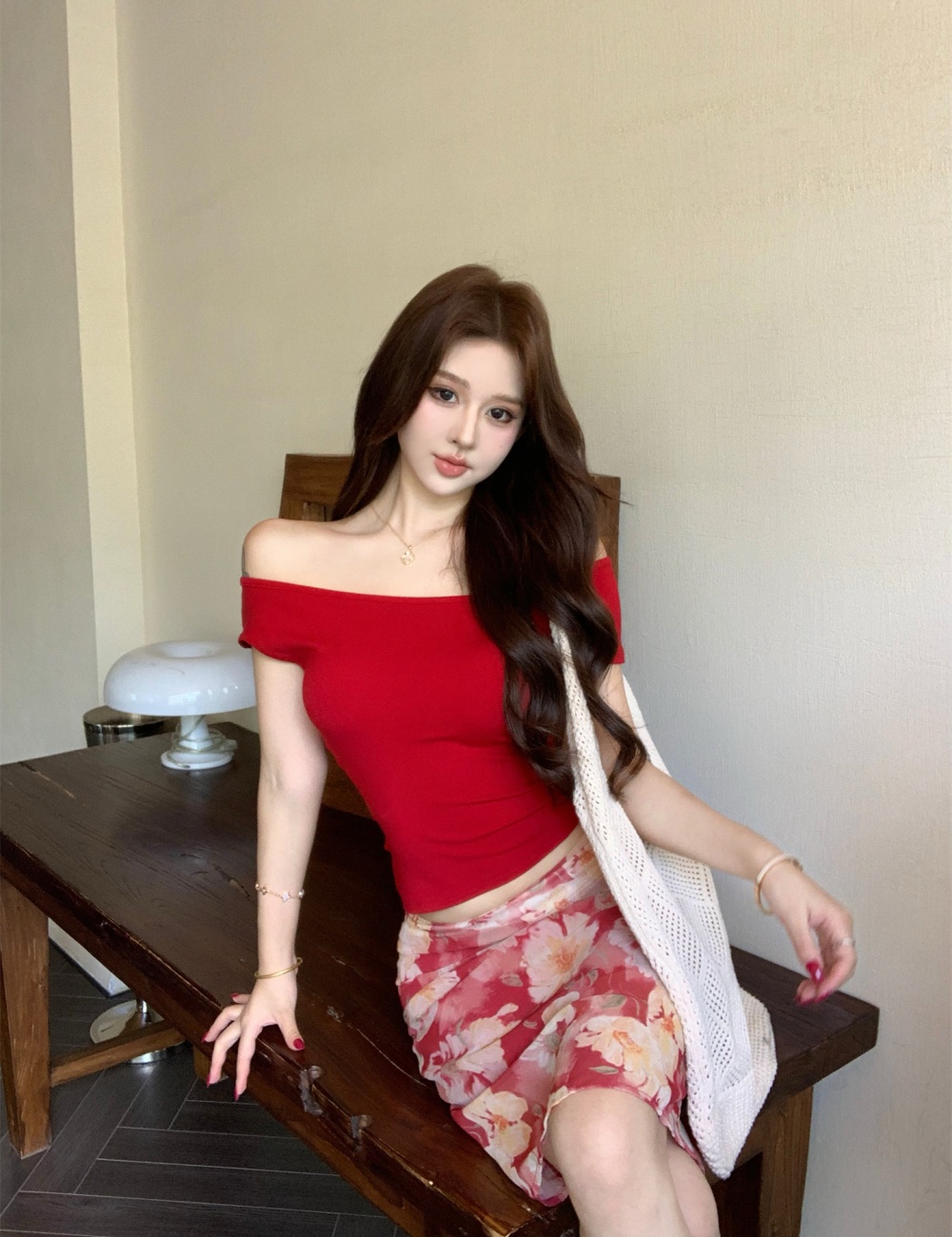 Red spicegirl small tops printing wear skirt