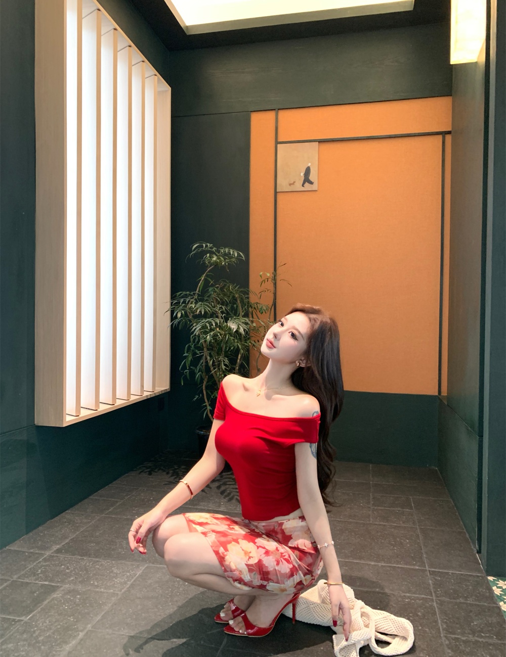Red spicegirl small tops printing wear skirt