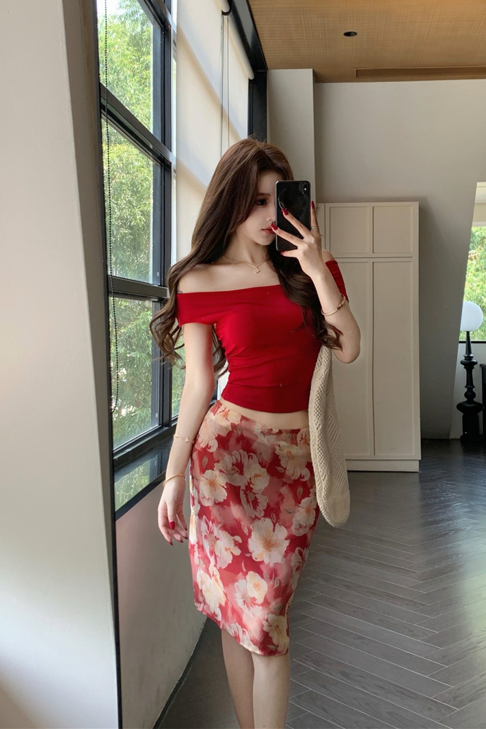 Red spicegirl small tops printing wear skirt