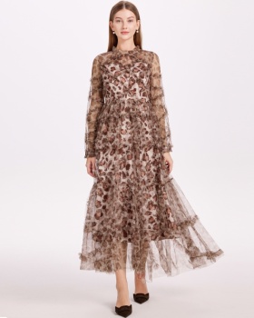 Gauze lady pinched waist France style leopard big skirt dress