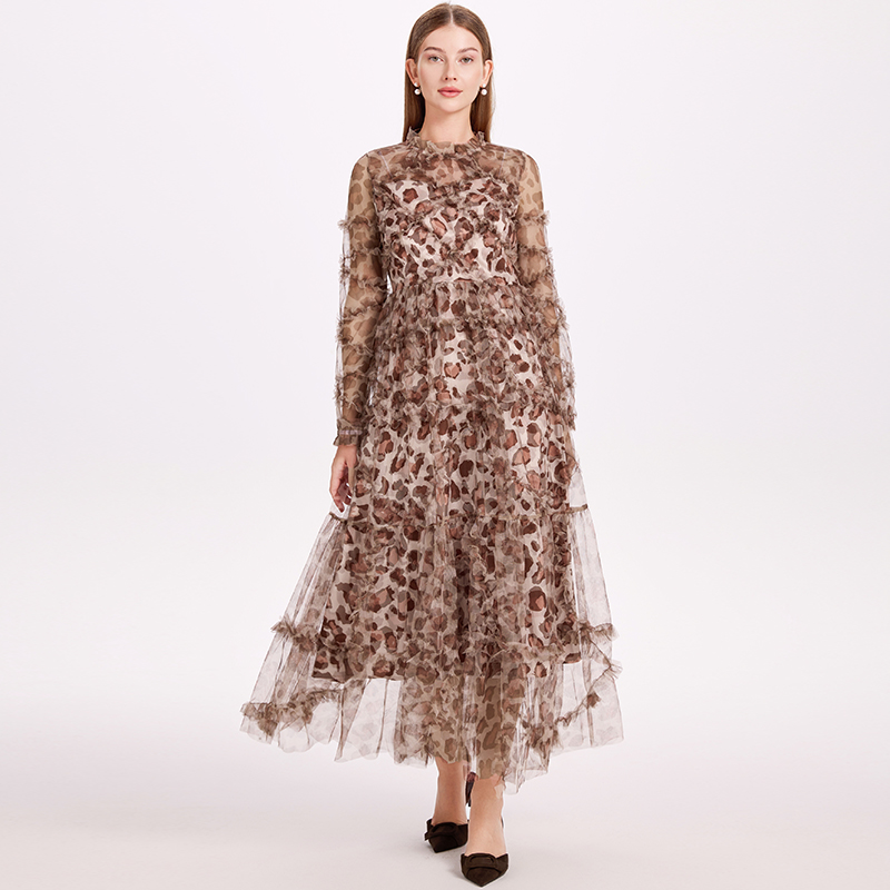 Gauze lady pinched waist France style leopard big skirt dress