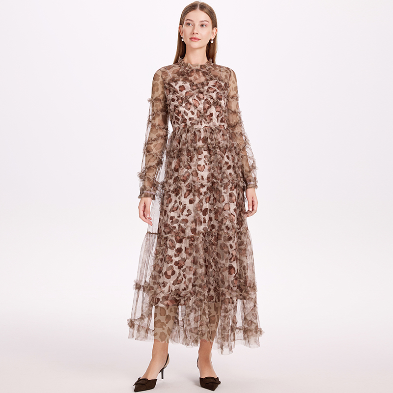Gauze lady pinched waist France style leopard big skirt dress