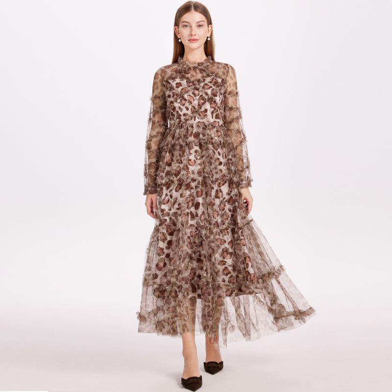 Gauze lady pinched waist France style leopard big skirt dress