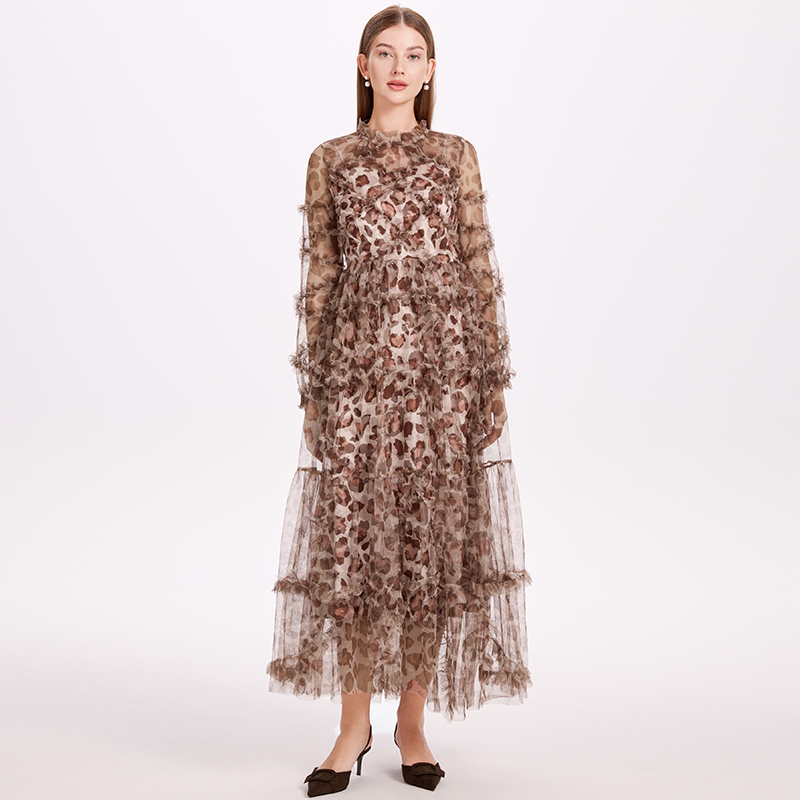 Gauze lady pinched waist France style leopard big skirt dress