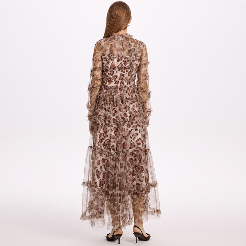 Gauze lady pinched waist France style leopard big skirt dress