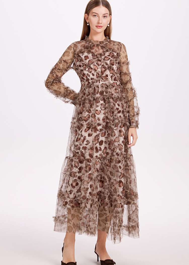 Gauze lady pinched waist France style leopard big skirt dress