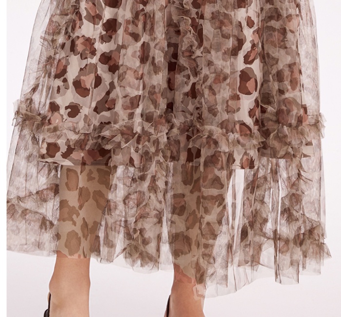 Gauze lady pinched waist France style leopard big skirt dress