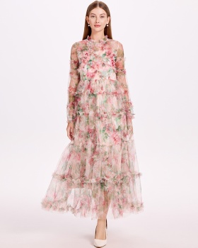 Printing France style big skirt gauze dress