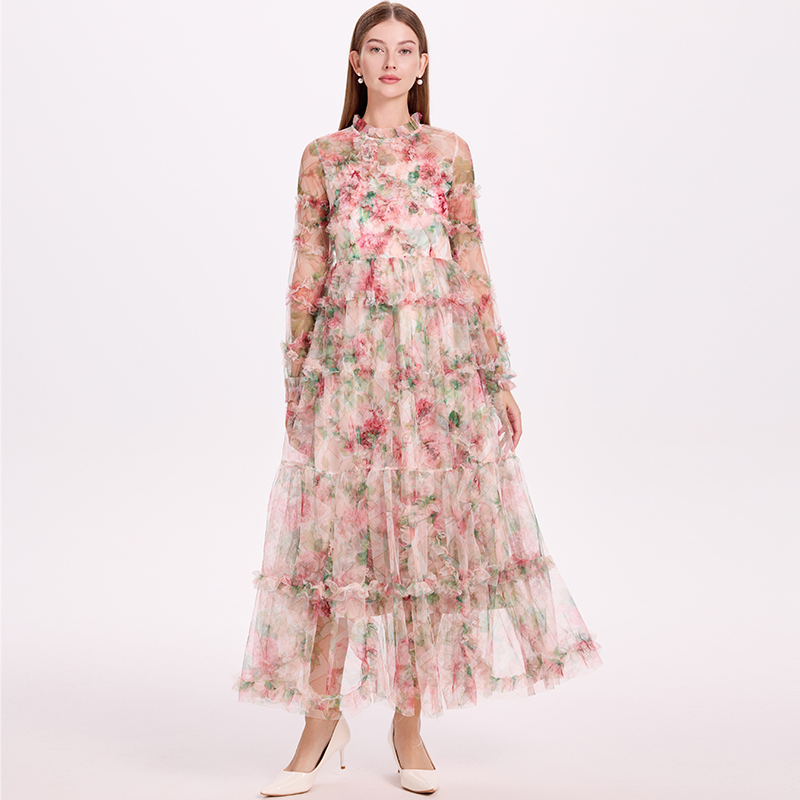 Printing France style big skirt gauze dress
