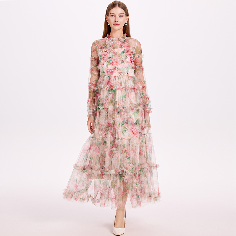 Printing France style big skirt gauze dress