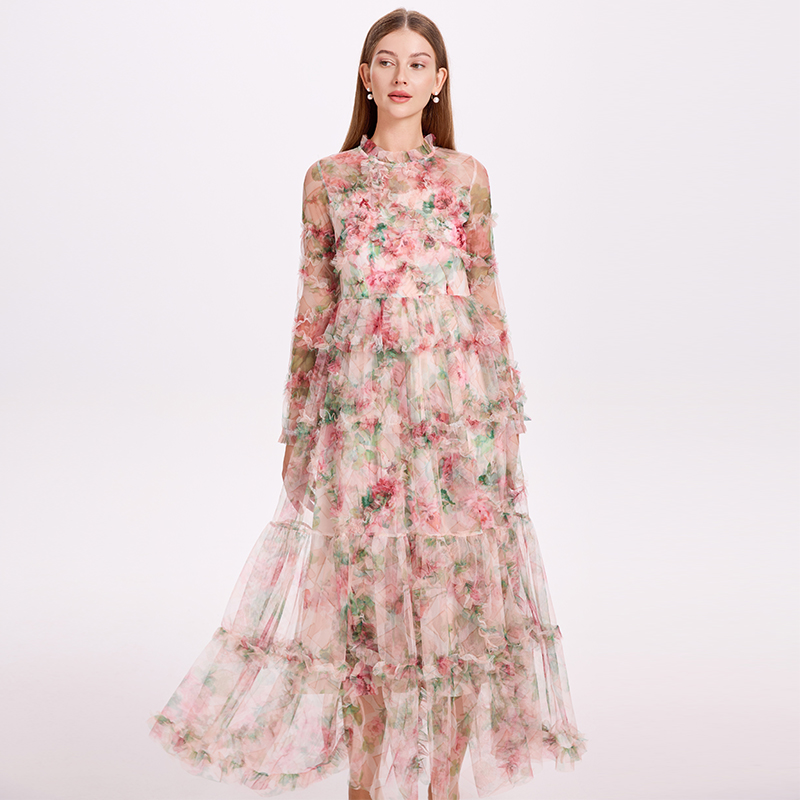 Printing France style big skirt gauze dress