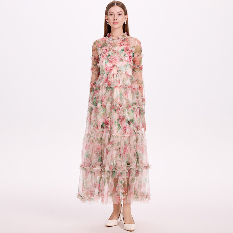 Printing France style big skirt gauze dress