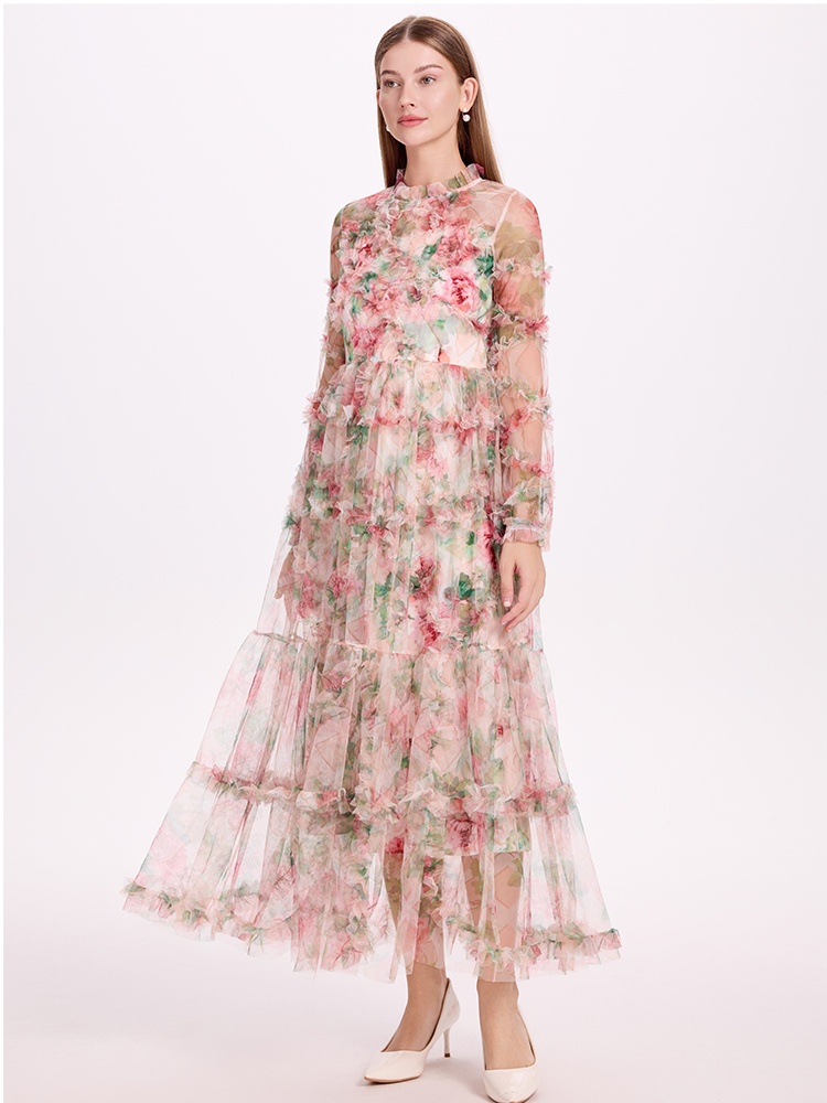 Printing France style big skirt gauze dress