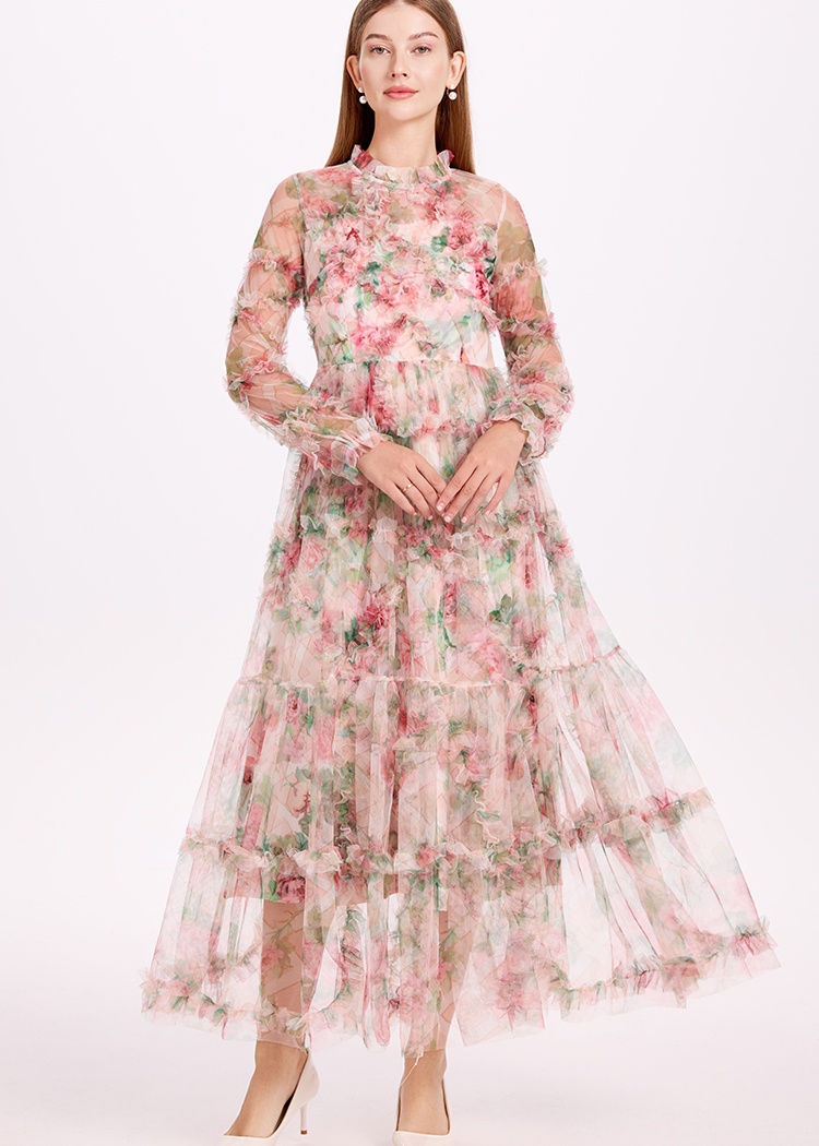 Printing France style big skirt gauze dress