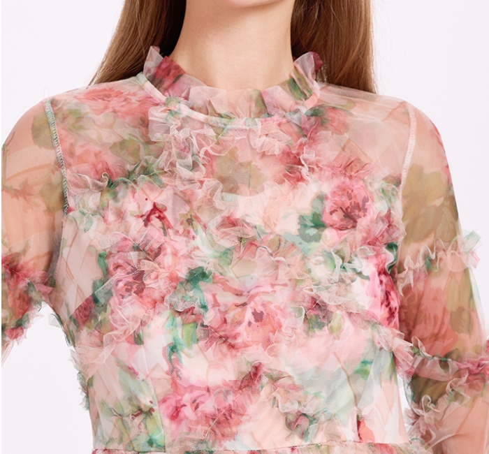 Printing France style big skirt gauze dress