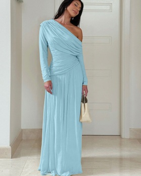 Pinched waist oblique collar fashion pure sexy fold dress