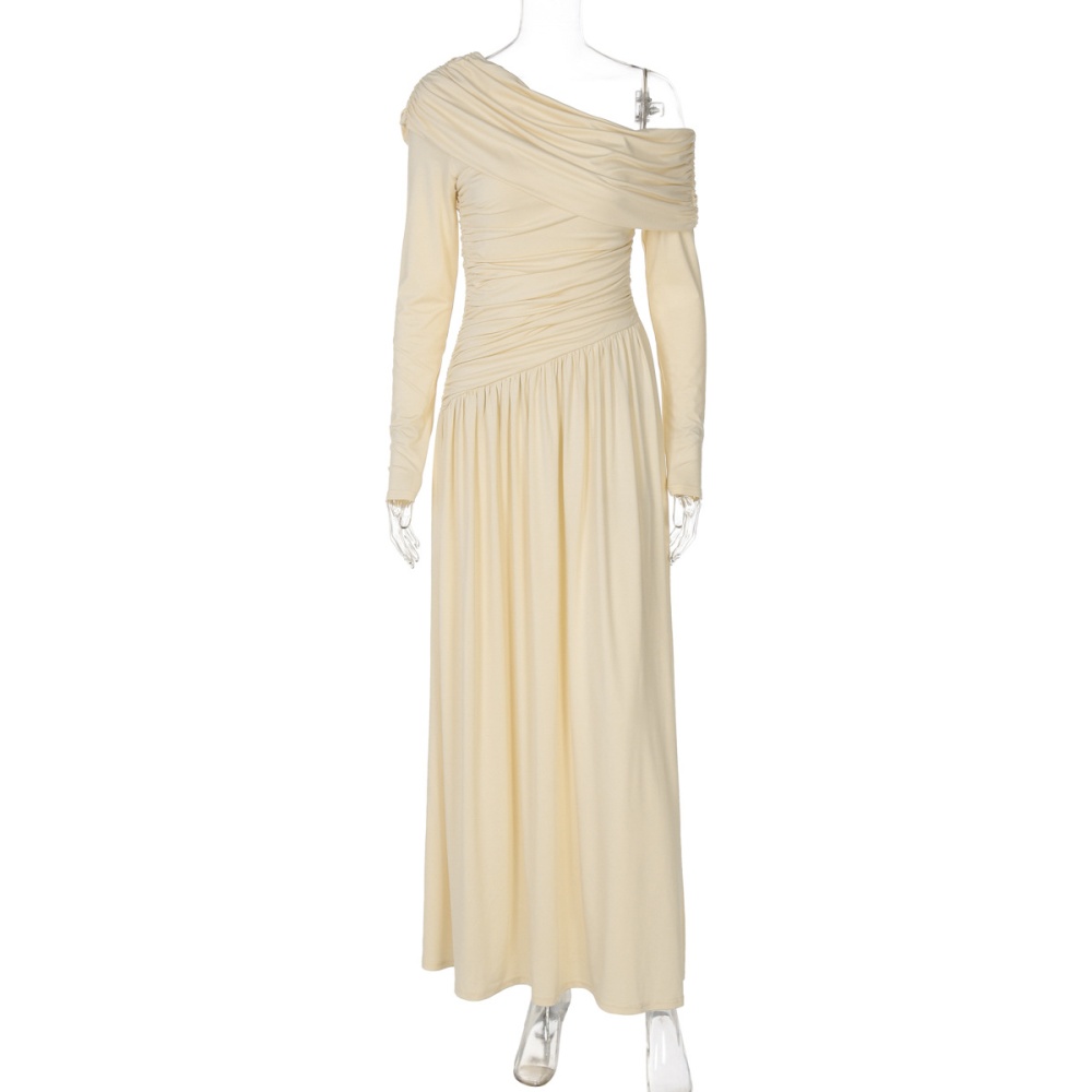 Pinched waist oblique collar fashion pure sexy fold dress