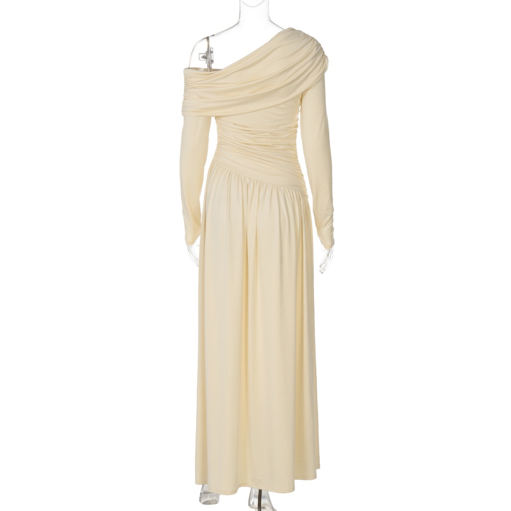 Pinched waist oblique collar fashion pure sexy fold dress
