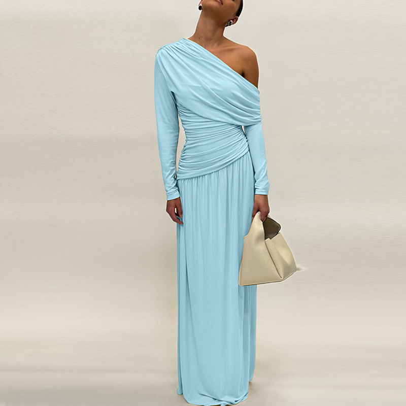 Pinched waist oblique collar fashion pure sexy fold dress