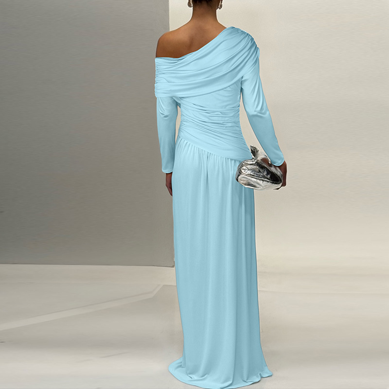 Pinched waist oblique collar fashion pure sexy fold dress