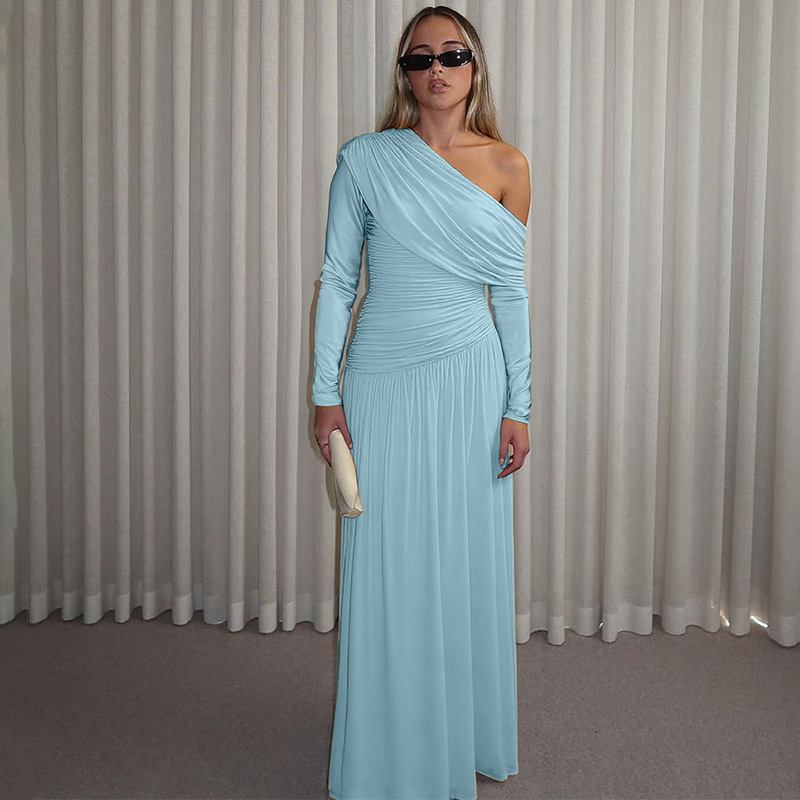 Pinched waist oblique collar fashion pure sexy fold dress