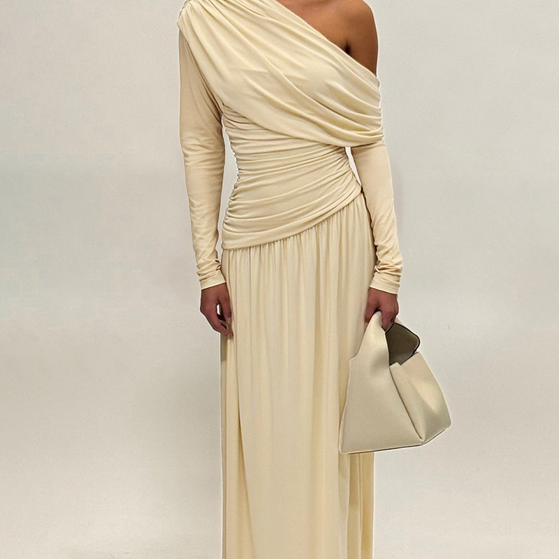 Pinched waist oblique collar fashion pure sexy fold dress