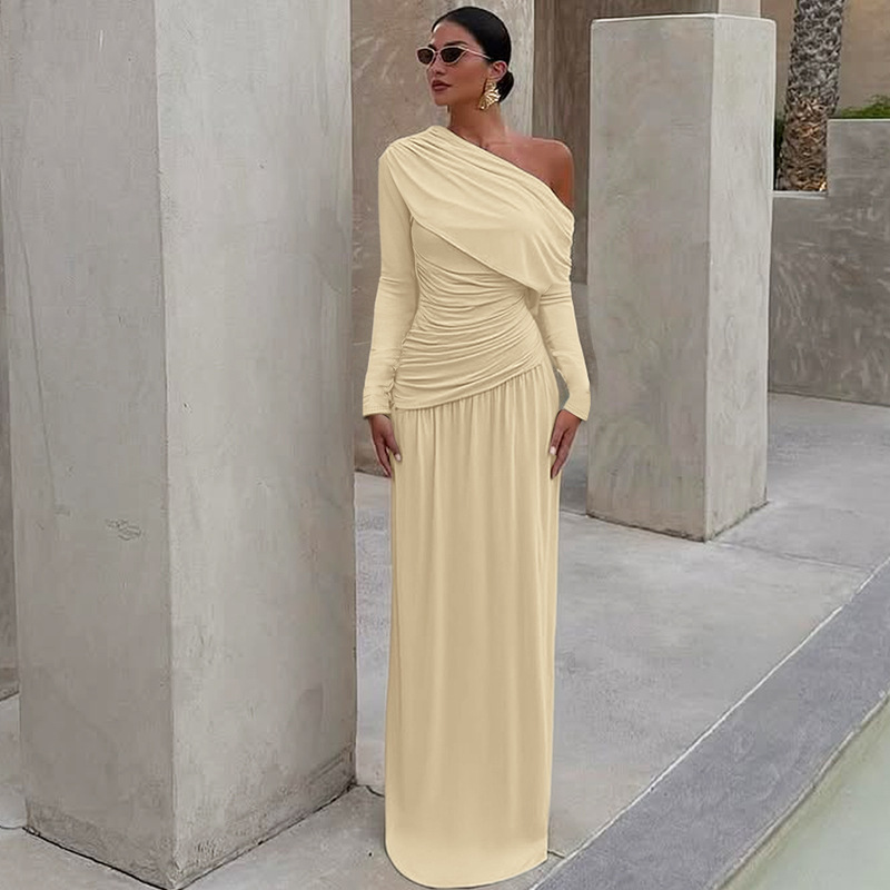 Pinched waist oblique collar fashion pure sexy fold dress
