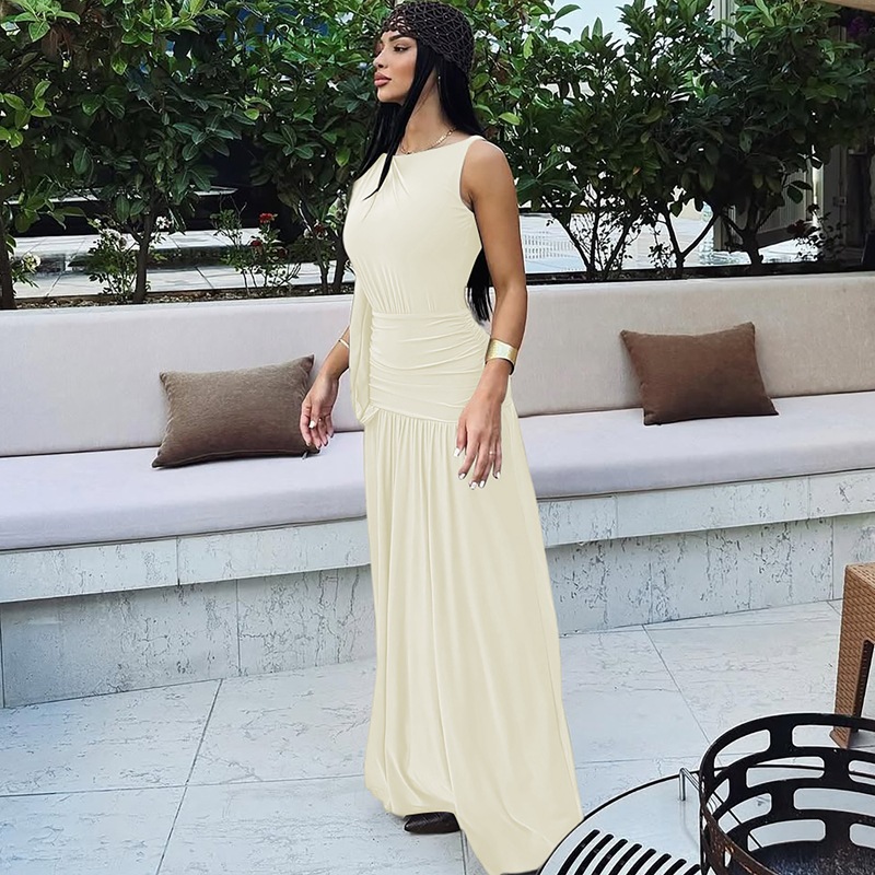 Summer fashion pinched waist round neck dress for women