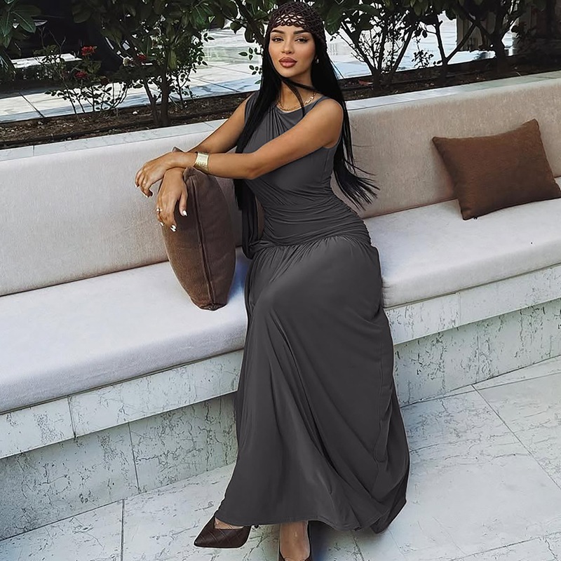 Summer fashion pinched waist round neck dress for women