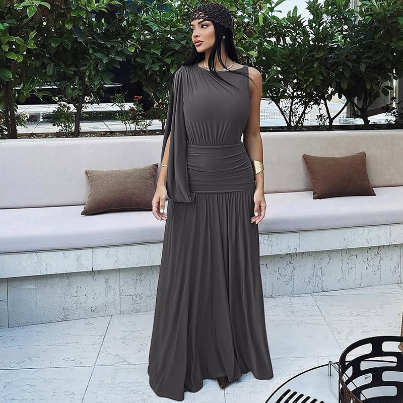 Summer fashion pinched waist round neck dress for women