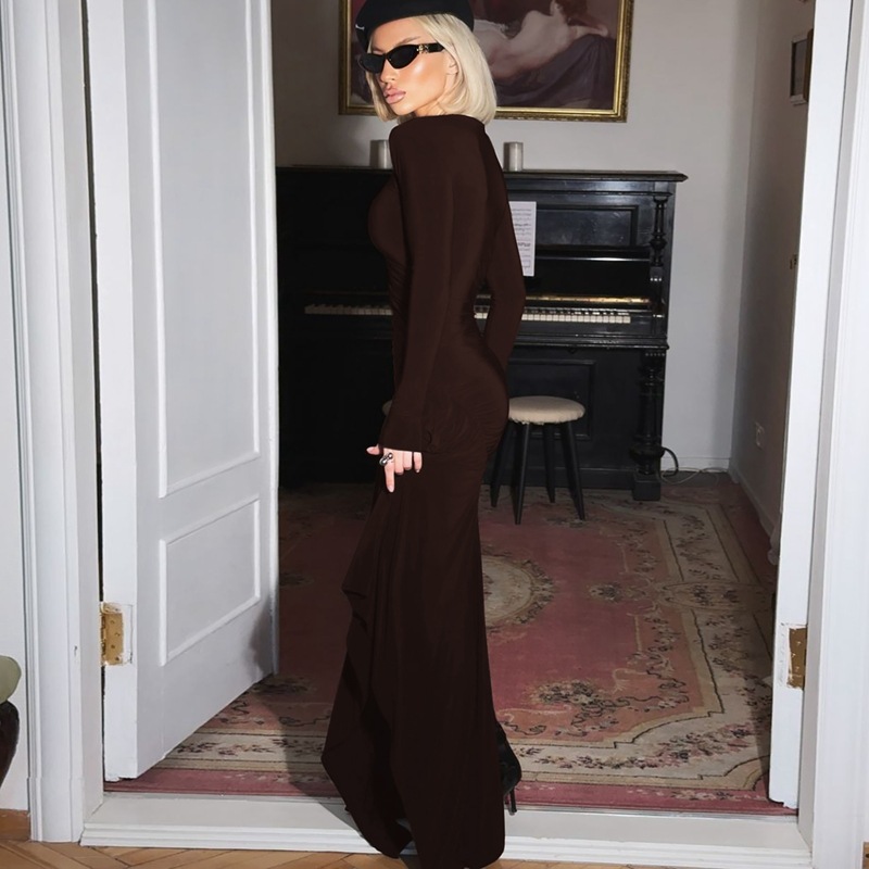 Slim long sleeve autumn and winter pure folds dress for women