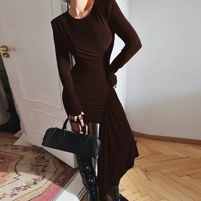 Slim long sleeve autumn and winter pure folds dress for women