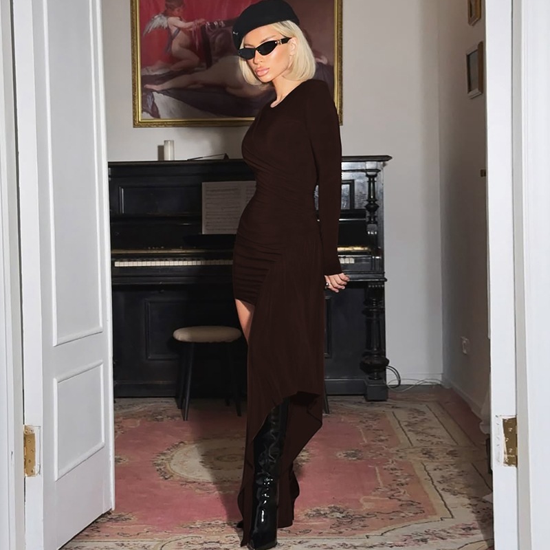 Slim long sleeve autumn and winter pure folds dress for women