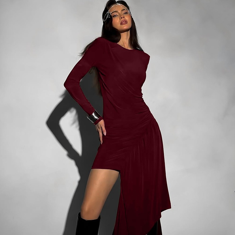 Slim long sleeve autumn and winter pure folds dress for women
