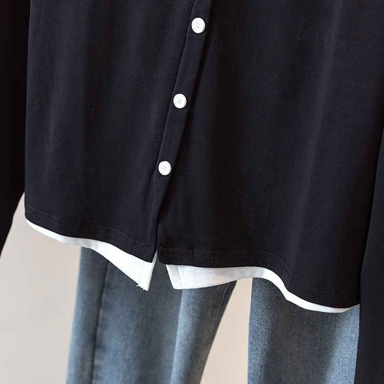 V-neck long sleeve Pseudo-two T-shirt simple fat tops